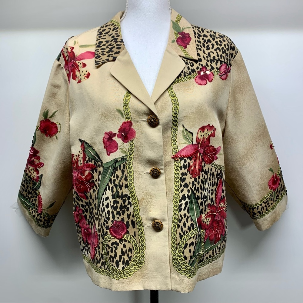 Nancy Bolen City Girl Linen XL Beige Shirt Floral